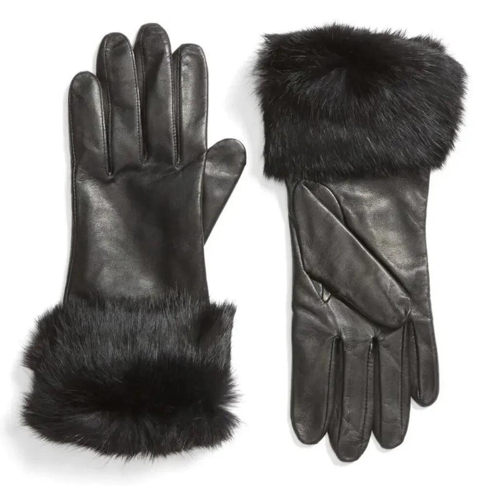 WOMEN'S FOWNES BLACK GENUINE LEATHER FUR CUFFED GLOVES SIZE 6 1/2